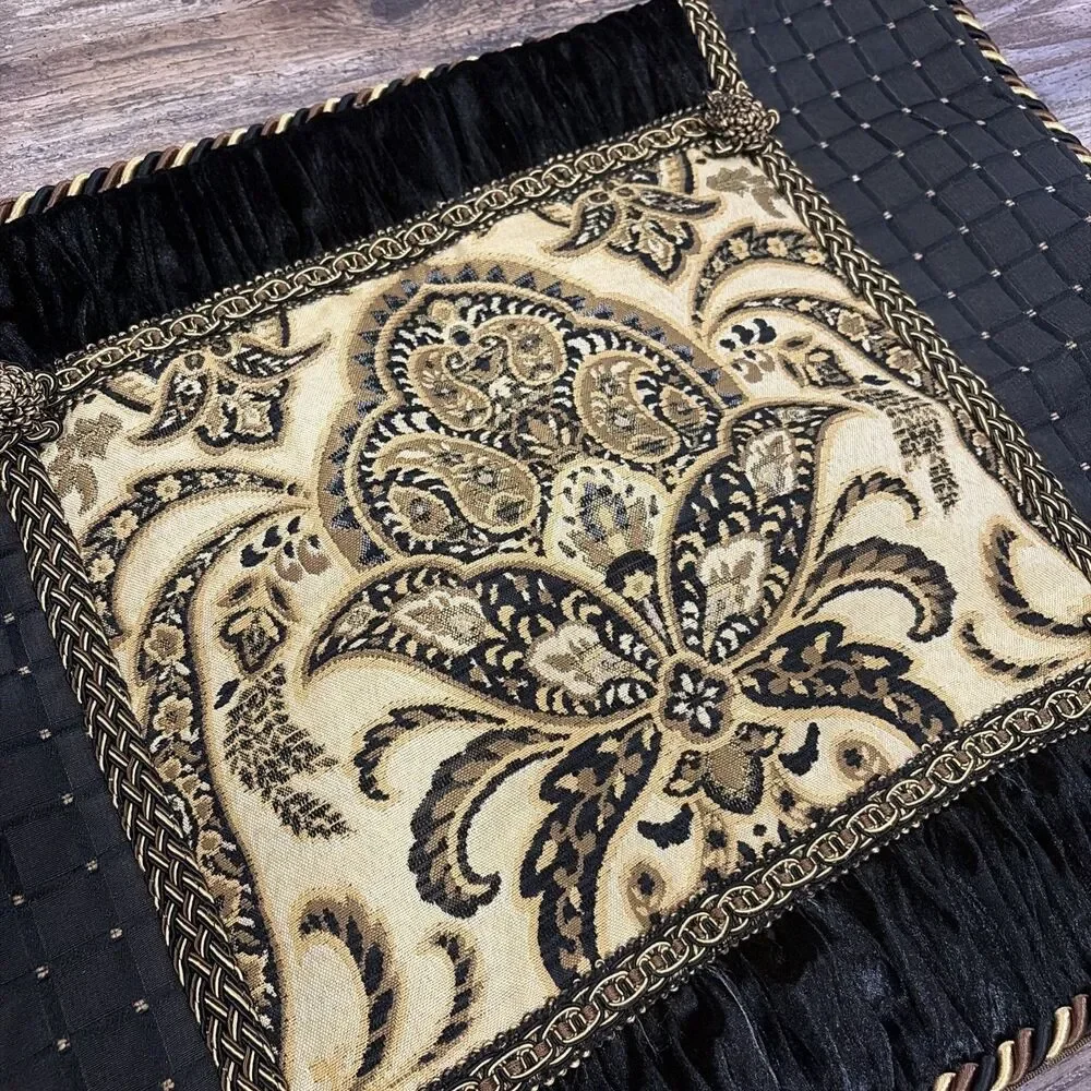 Arabella chenille damask decorative throw pillow Sham Set Black Brown & gold